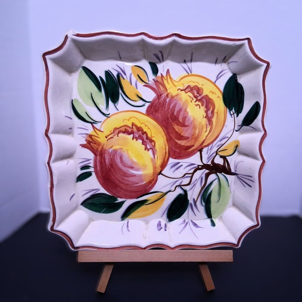 1950s Deruta Hand Painted Italian Ceramic 10" Fluted Square Pomegranate Plate